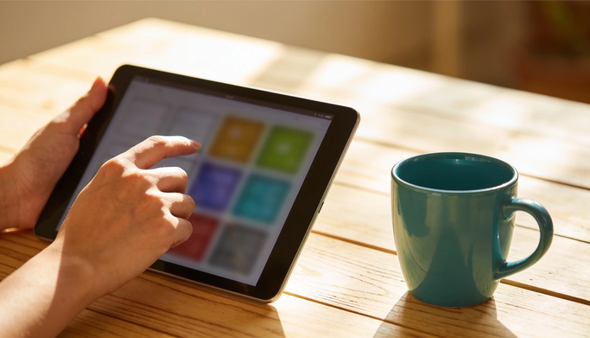 Woman interacting with tablet showing app interface on wood desk with teal mug - evaluating HoneyBook alternatives
