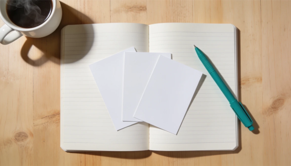 Overhead flatlay of blank cards and teal pen on desk - comparing HoneyBook alternatives for coaches