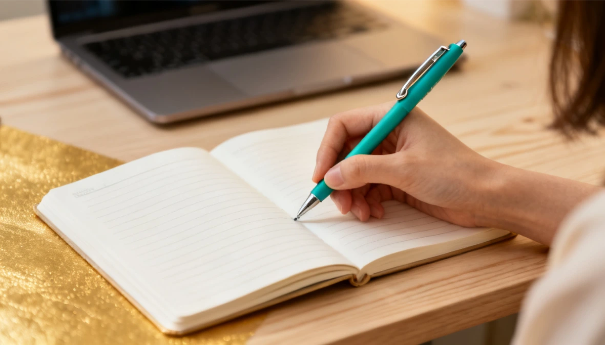 Woman making notes with teal pen at desk with laptop - researching Podia alternatives for coaching business