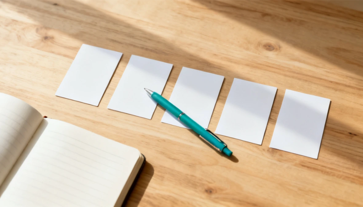 Overhead flatlay of blank cards and teal pen on desk - comparing Podia alternatives for coaches