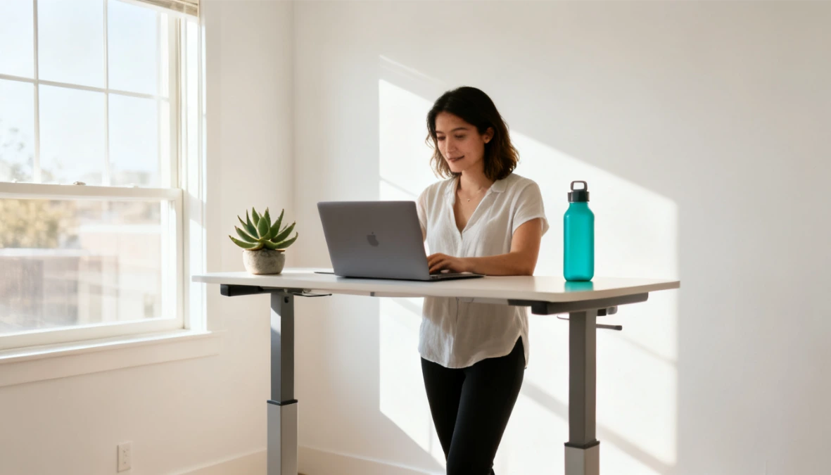Woman at minimal standing desk with laptop - researching Dubsado alternatives for coaching business