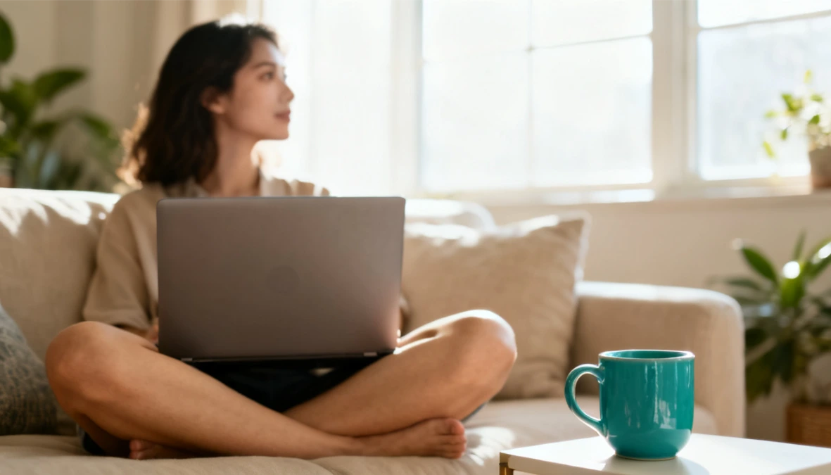 Woman sitting with laptop on sofa with teal mug - evaluating Dubsado alternative platforms for coaches