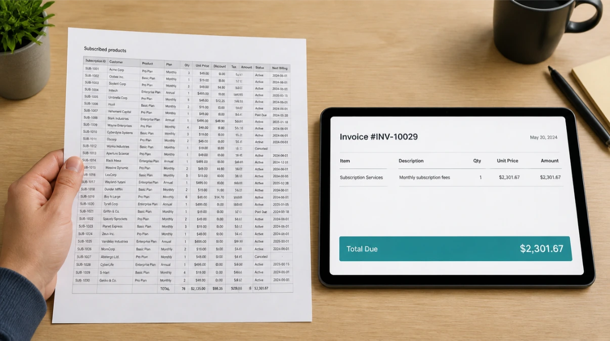 Hands holding a tool stack cost spreadsheet beside a tablet showing a simplified all-in-one software subscription Hands holding a tool stack cost spreadsheet beside a tablet showing a simplified all-in-one software subscription
