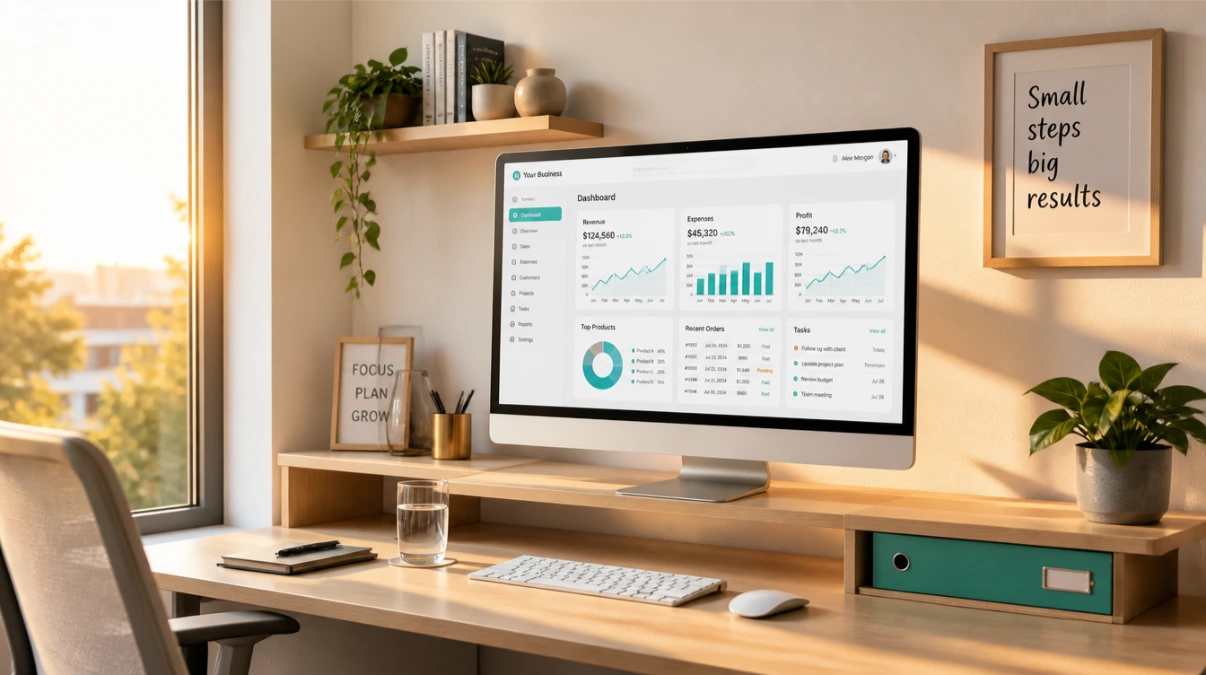Home office monitor displaying an all-in-one business software dashboard with multiple tools in one platform Home office monitor displaying an all-in-one business software dashboard with multiple tools in one platform