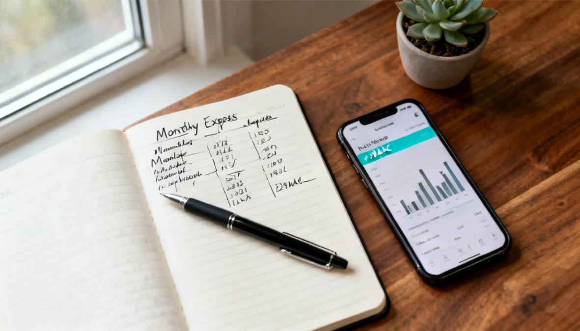 Overhead flatlay of notebook with business software cost figures and smartphone showing analytics dashboard Overhead flatlay of notebook with business software cost figures and smartphone showing analytics dashboard