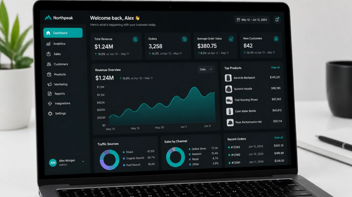 All-in-one business software dashboard showing revenue analytics contacts and orders in a single platform