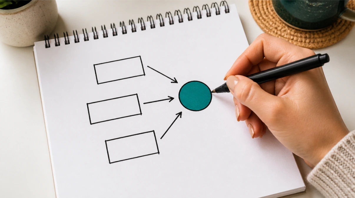 Hand drawing a flow diagram showing multiple tools connecting into one central platform illustrating the integration tax concept