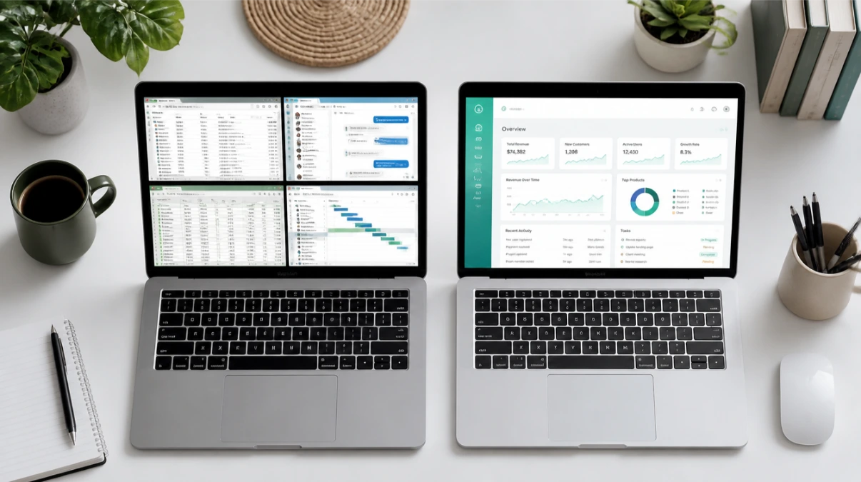 Desk split between multiple scattered tools on one side and a single clean platform on the other representing all-in-one vs best-in-class software choice