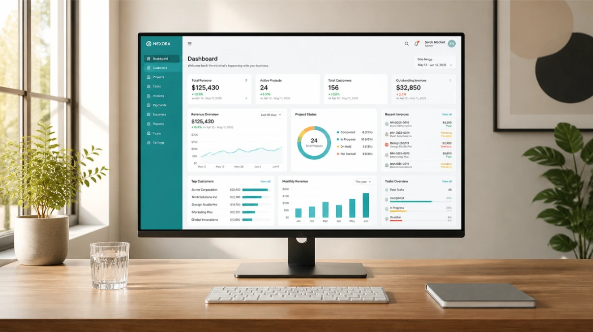 Clean uncluttered desk with a single monitor showing a unified all-in-one business dashboard representing a simplified software setup