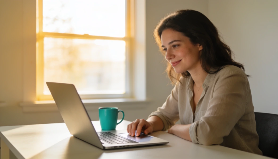 Woman working at laptop in bright minimal home office representing a solopreneur evaluating HighLevel alternatives
