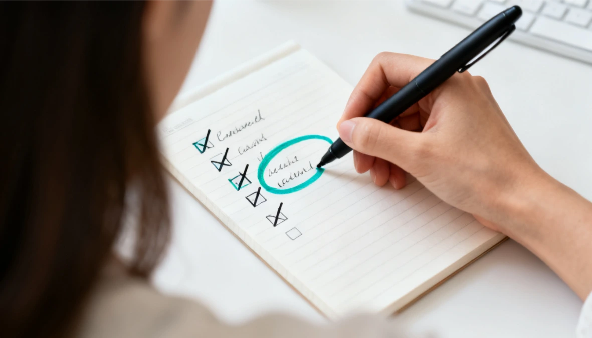 Hand writing a checklist in a notebook representing the criteria for choosing the right HighLevel alternative