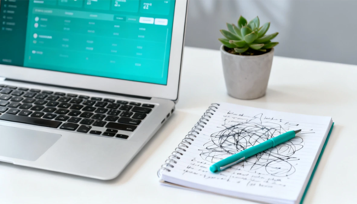 Overhead flatlay of laptop with course dashboard and handwritten pros and cons list with teal checkmarks representing a Kajabi review evaluation