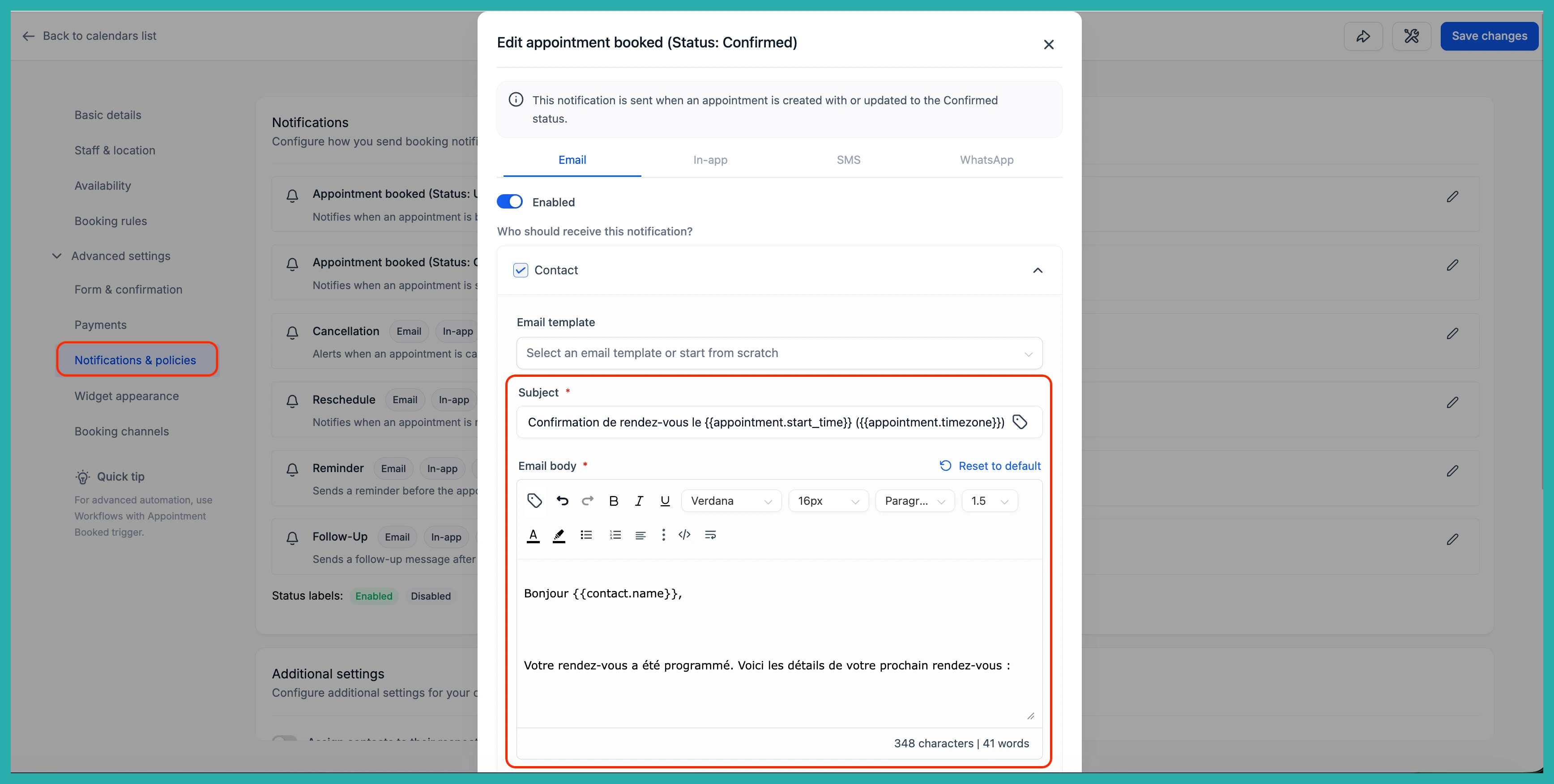 ESC Hub calendar notification settings showing localized default templates