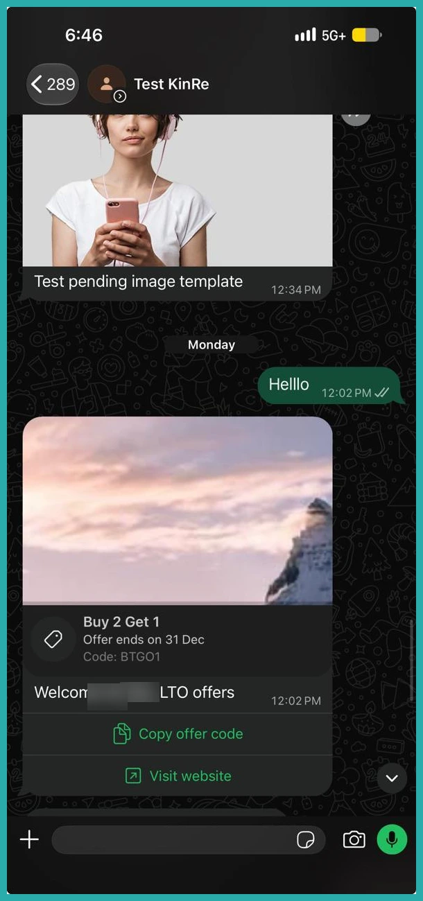 ESC Hub WhatsApp limited time offer template showing a countdown clock, discount code, and copy and buy buttons in a customer chat