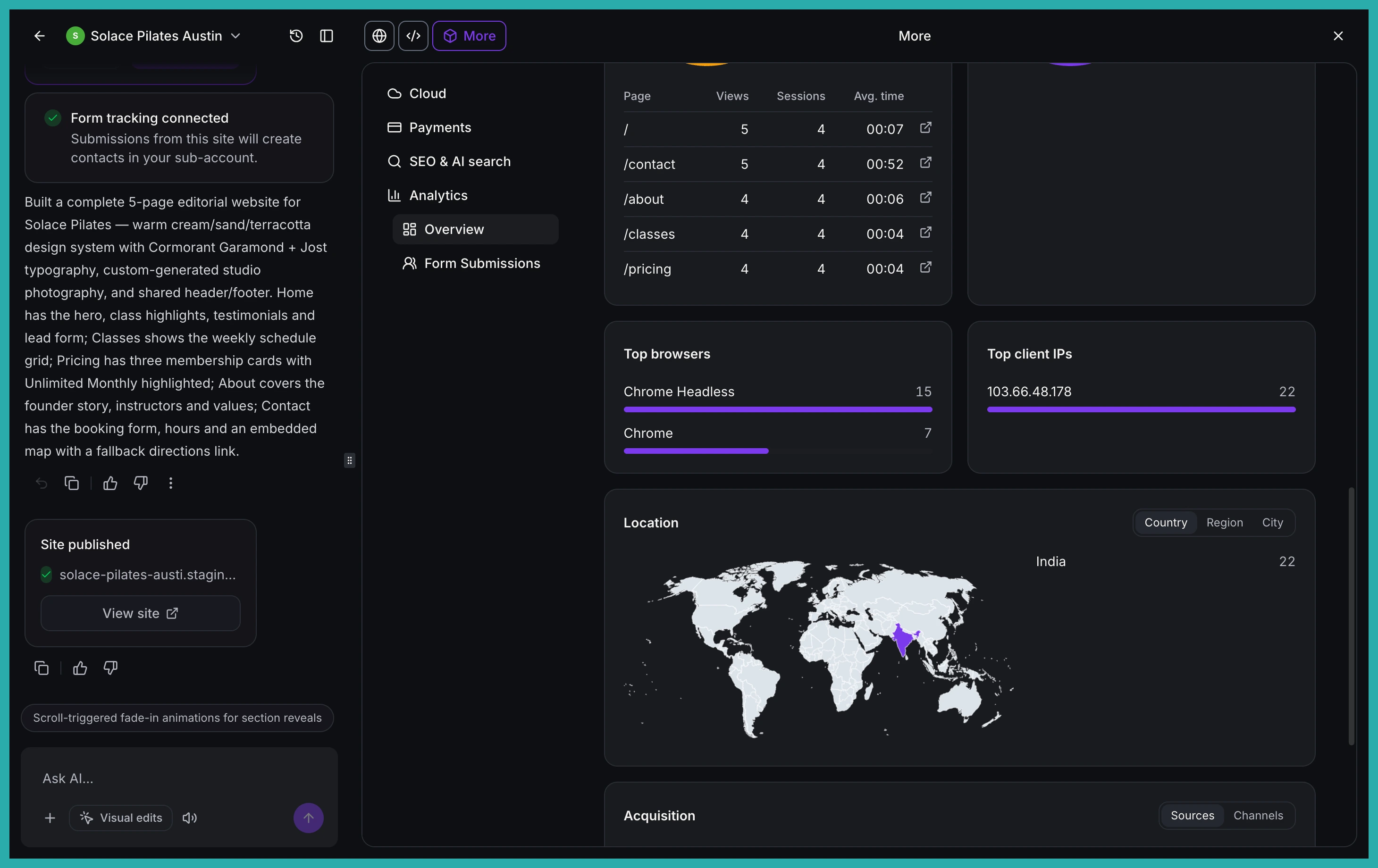 AI Studio site analytics overview showing page views, opt-ins and opt-in rate