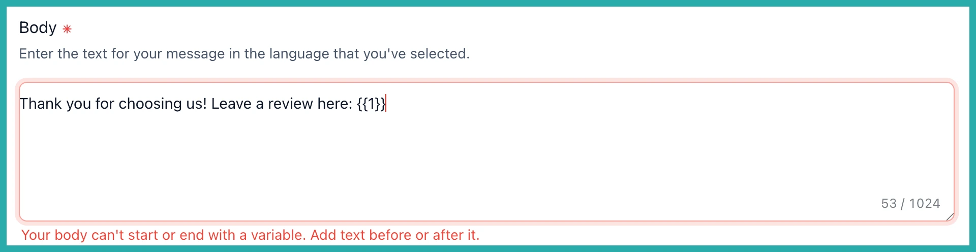ESC Hub WhatsApp template builder showing inline variable validation flagging an invalid placeholder