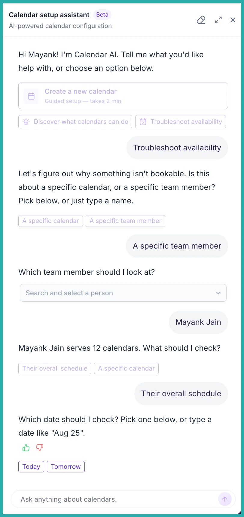 ESC Hub Calendar AI answering a plain-language question about why a slot isn't available