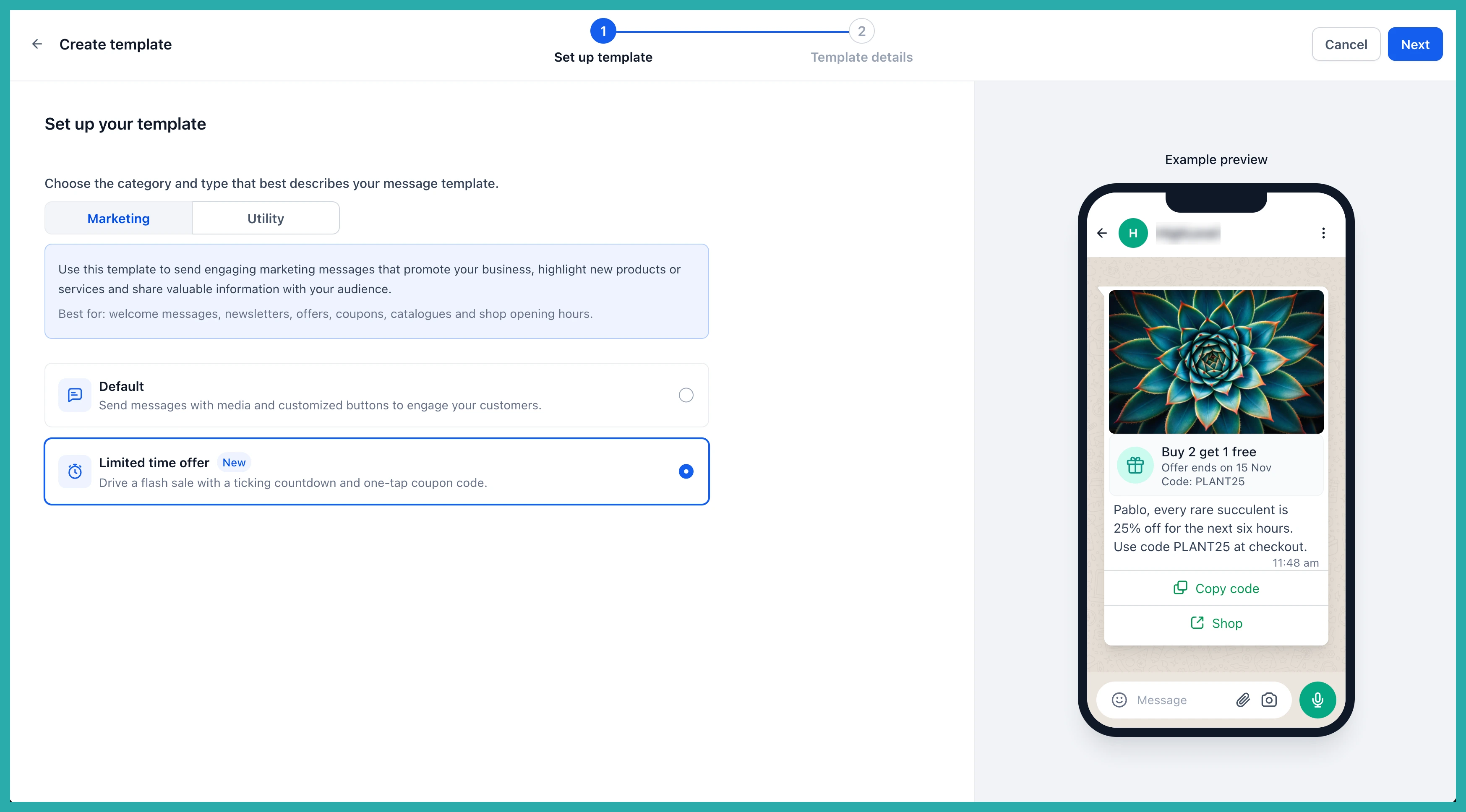 ESC Hub WhatsApp limited time offer template showing a countdown clock, discount code, and copy and buy buttons in a customer chat