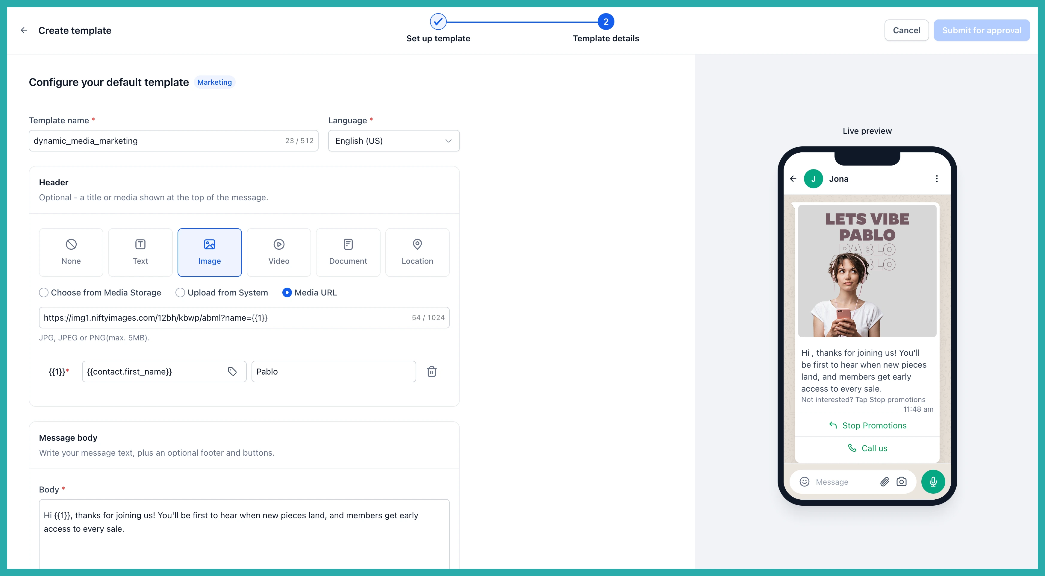 Rebuilt ESC Hub WhatsApp template builder showing a live phone preview alongside the editing fields