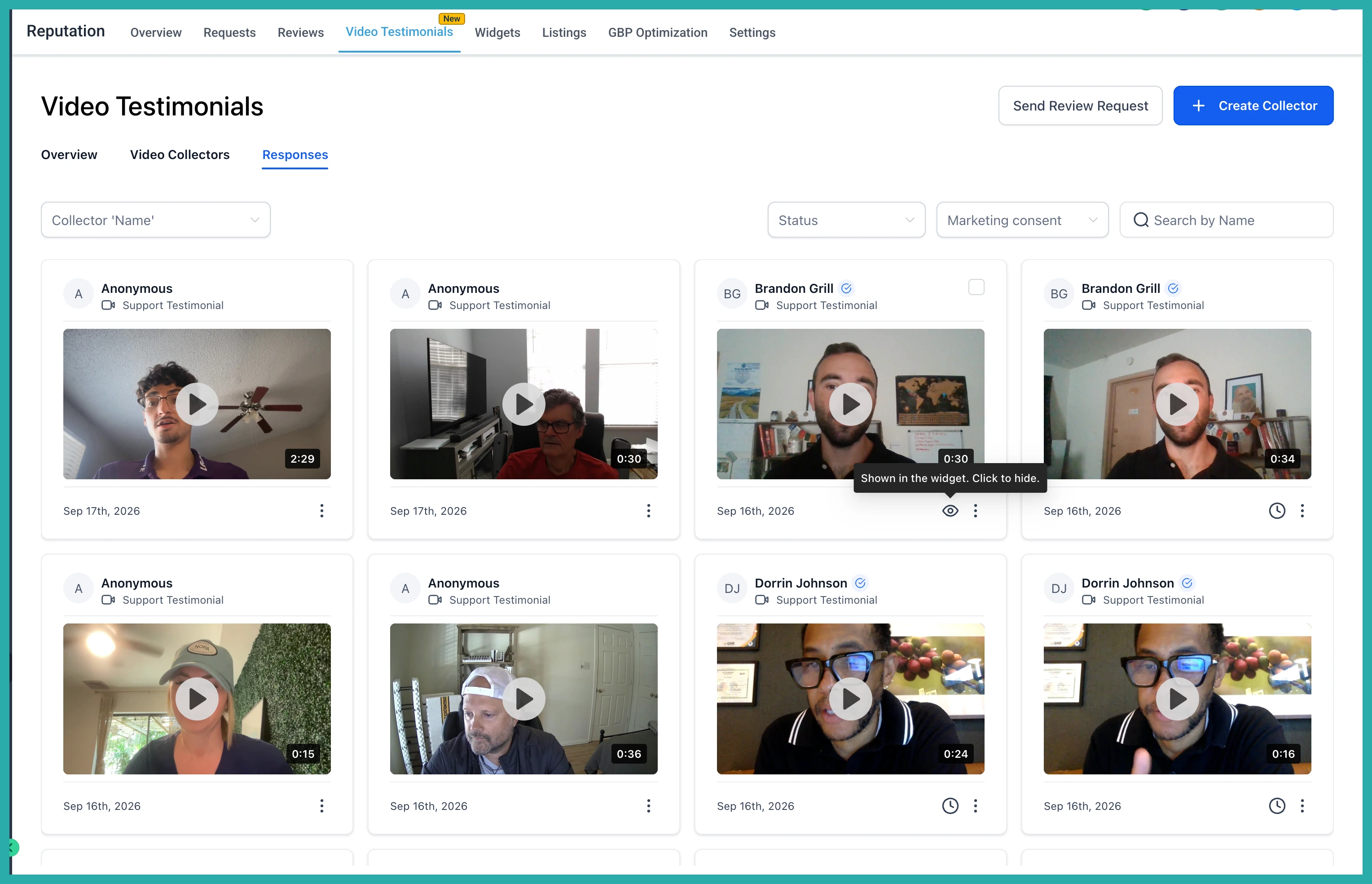 ESC Hub Reputation Management video testimonial workflow trigger and widget approval settings