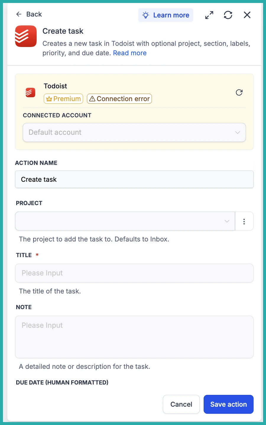 ESC Hub Workflow Builder showing the Todoist integration triggers and actions