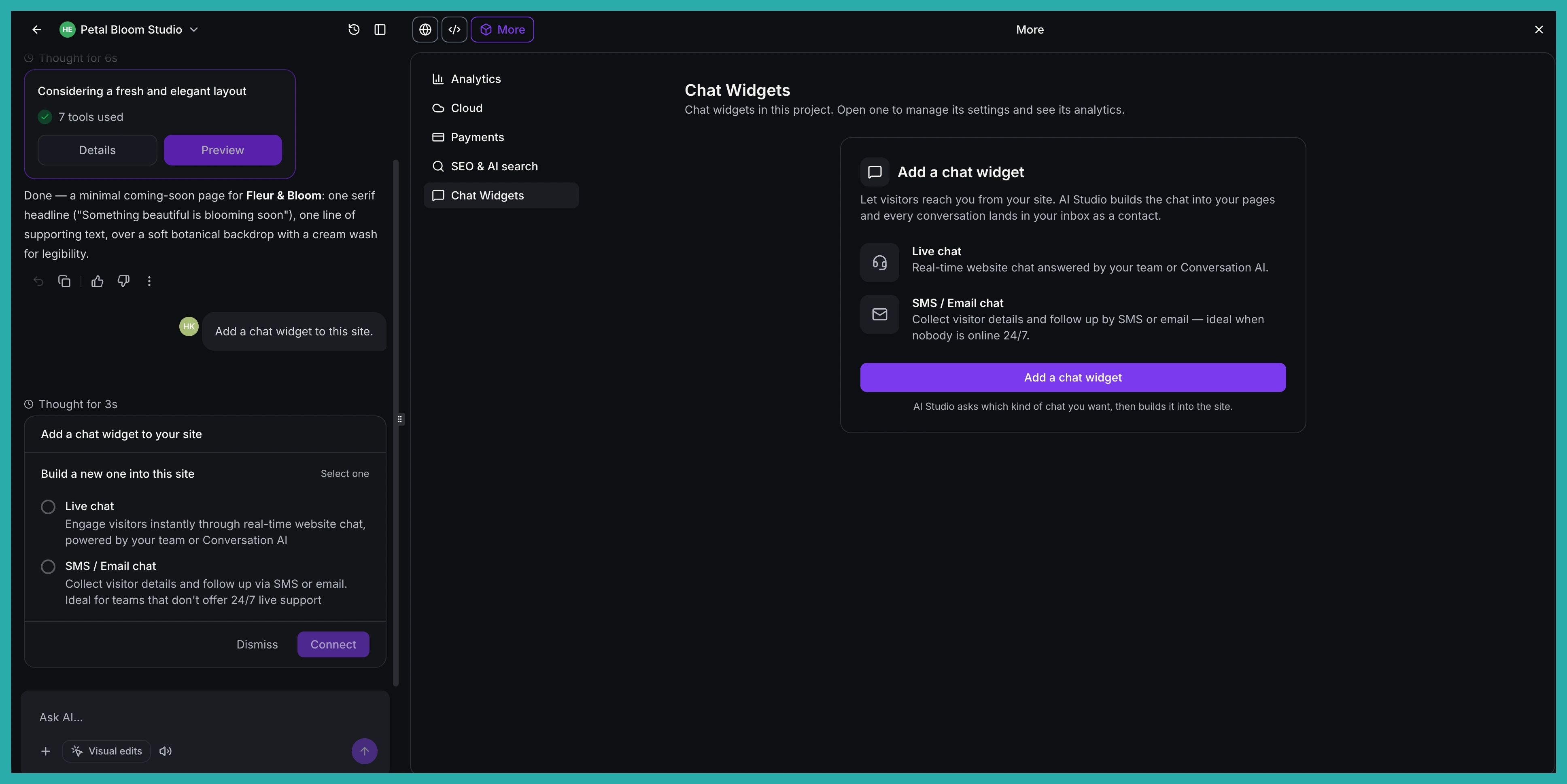AI Studio showing a chat widget built into an app that matches the site design