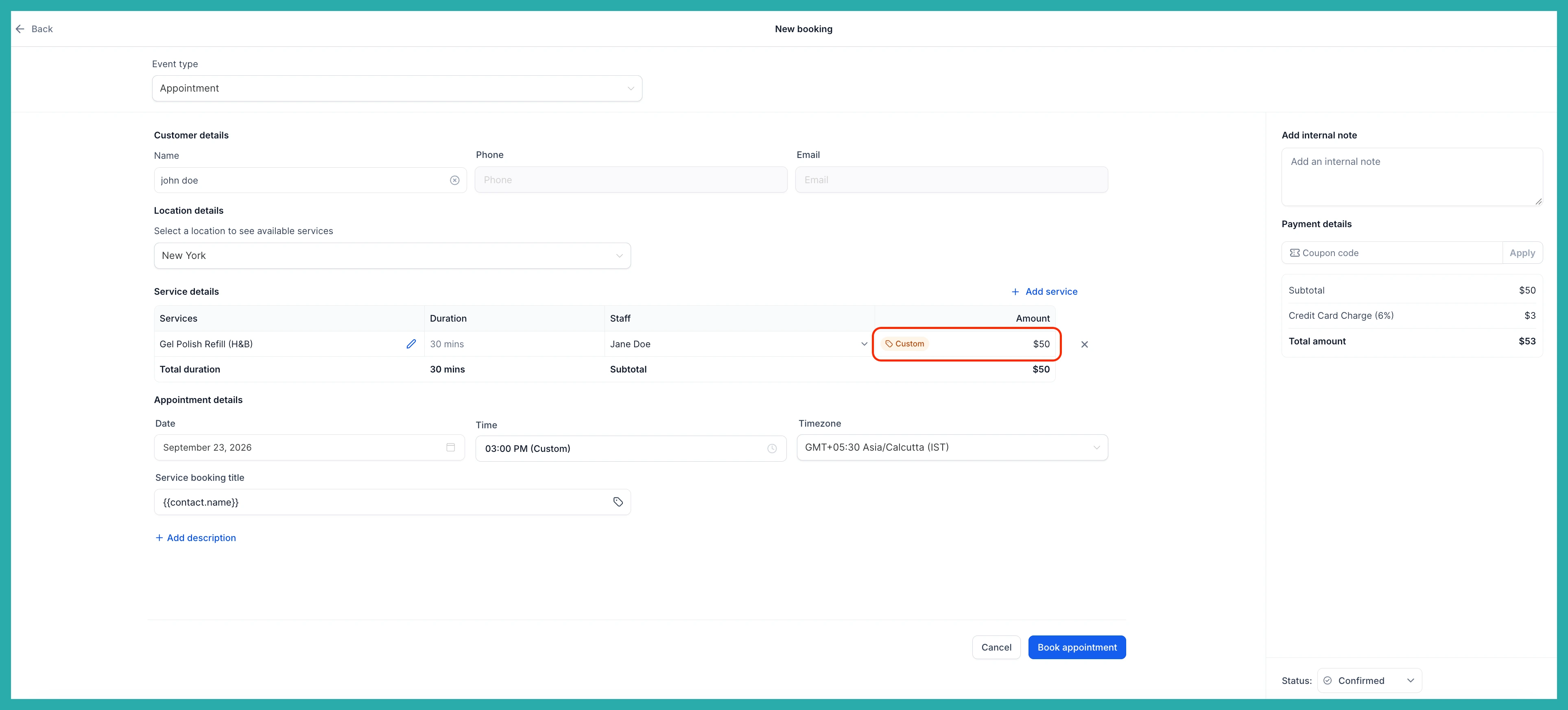 ESC Hub service appointment modal showing an editable price field with a Custom tag next to the amount