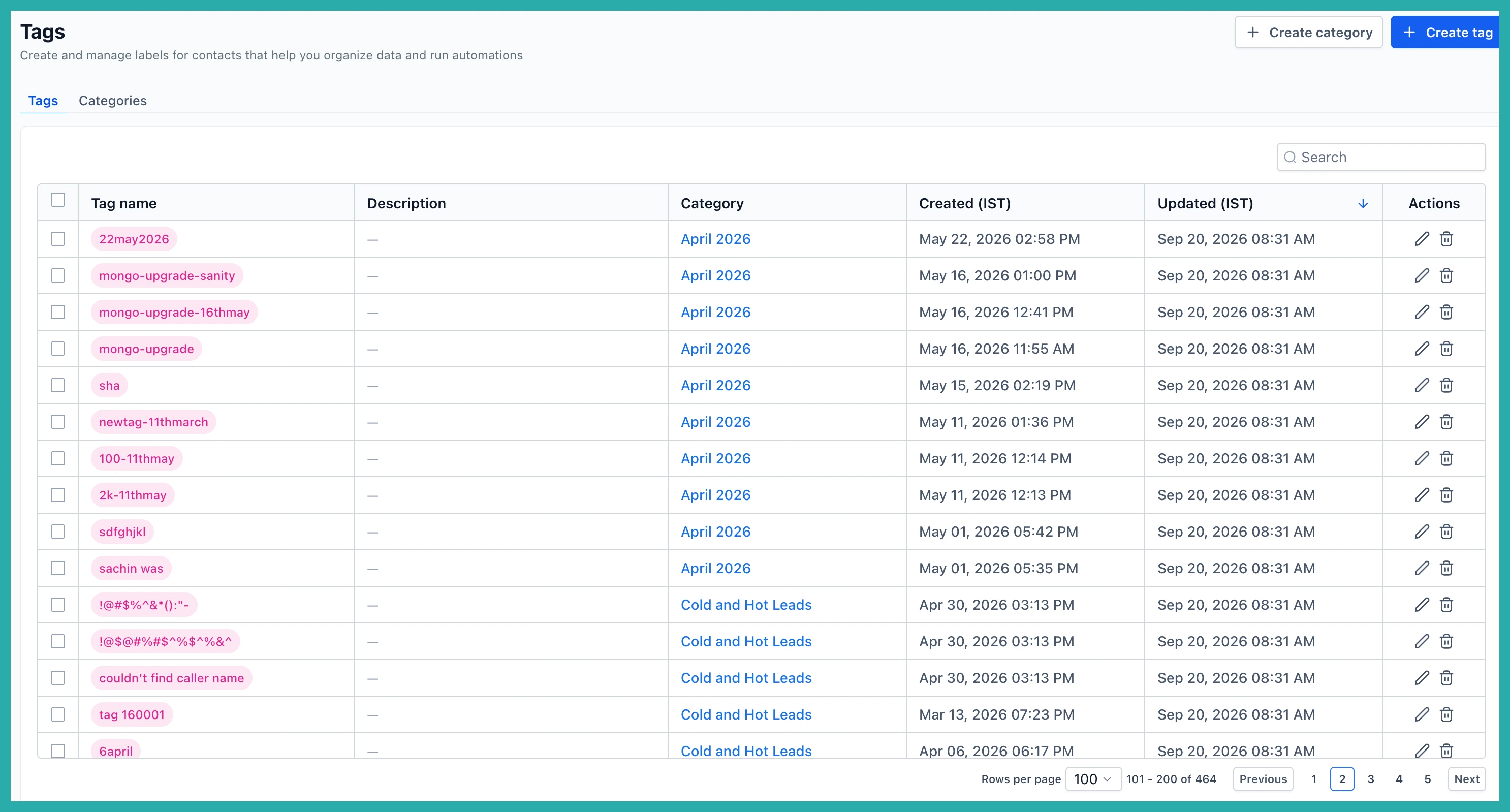 Tags management page showing multiple tags selected with a bulk colour update option