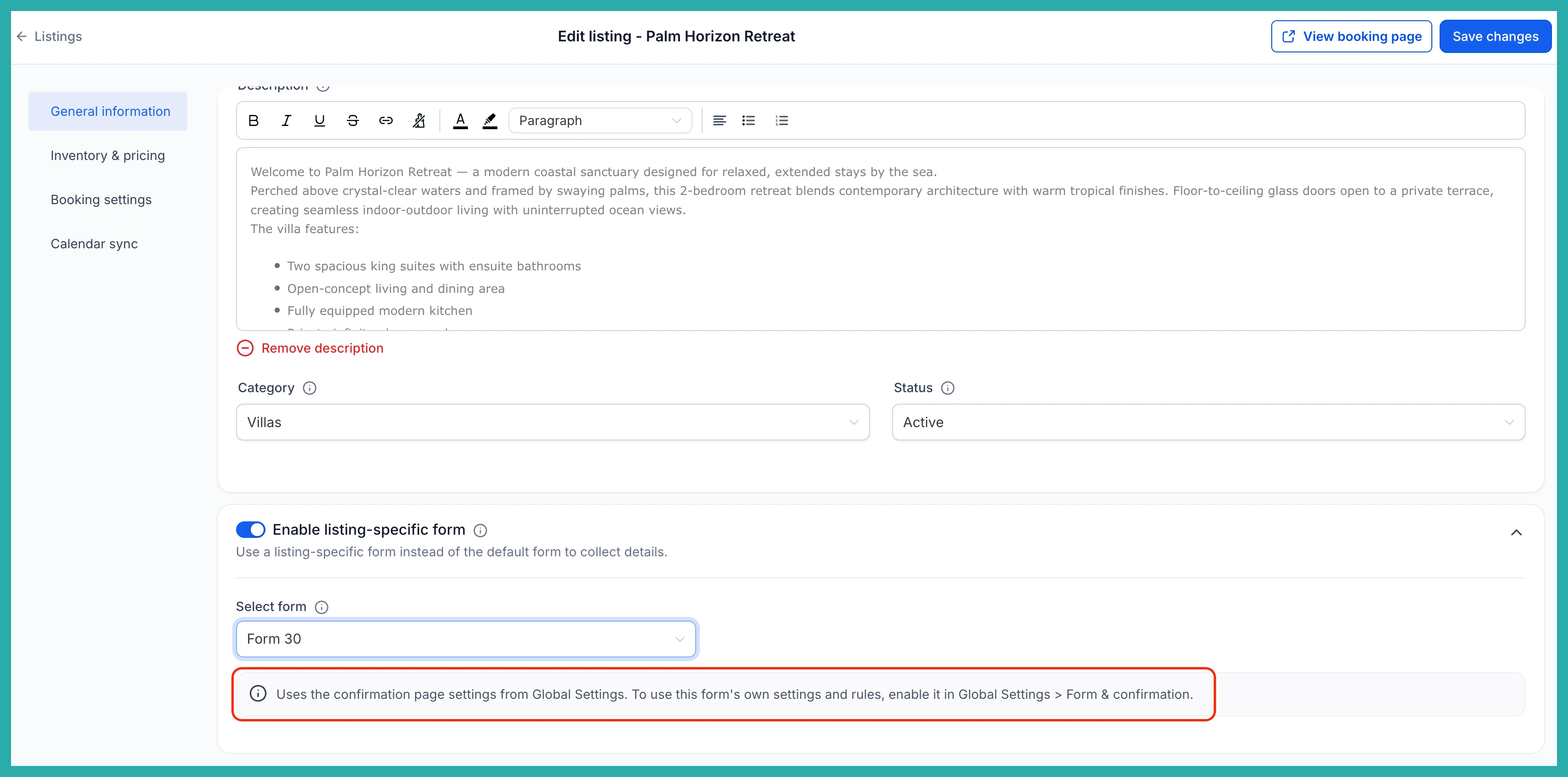 ESC Hub Services and Rentals global settings showing the option to let a custom form override confirmation rules
