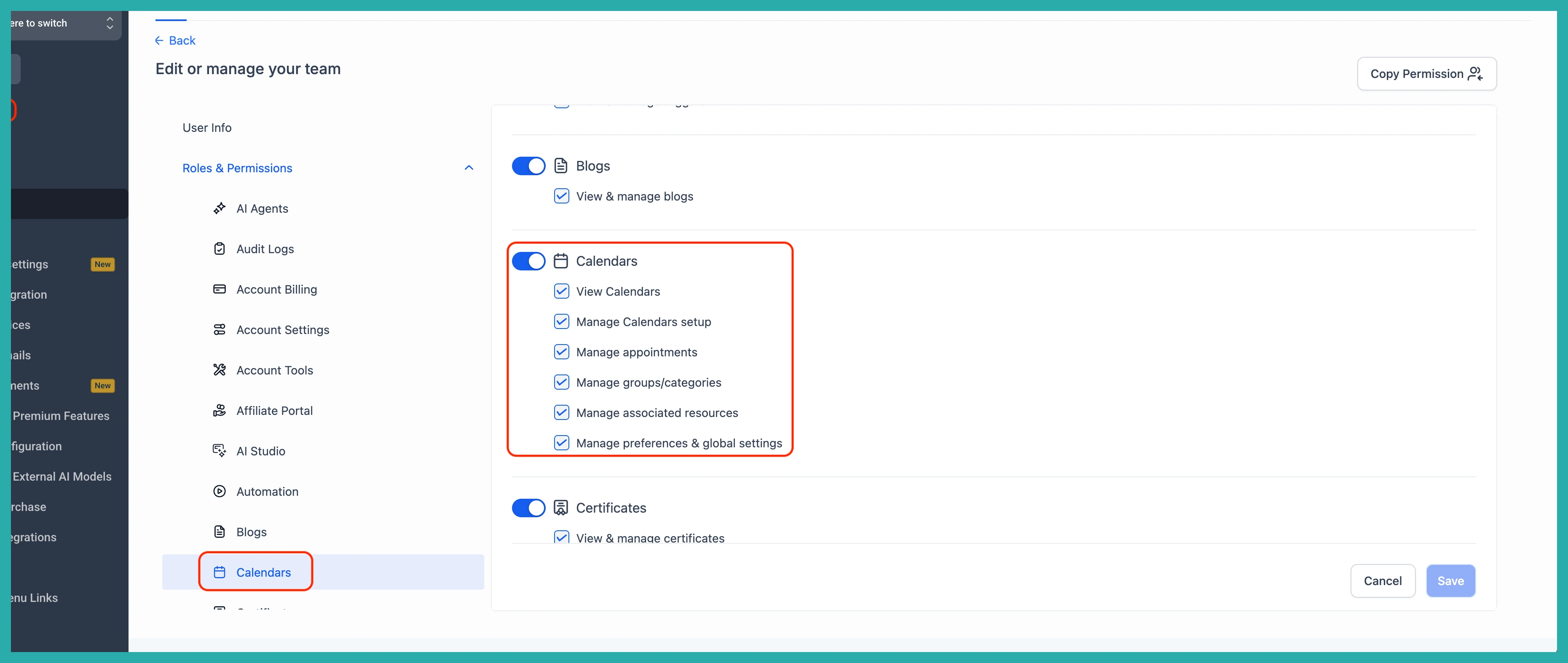ESC Hub Roles and Permissions screen showing calendar permission options for a team member