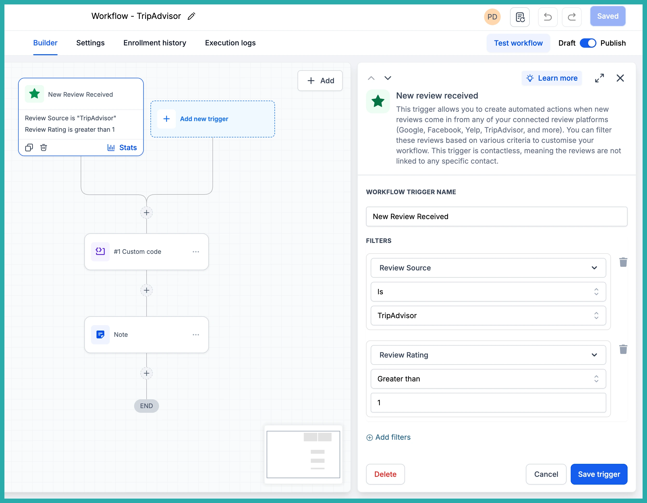 Workflow trigger settings showing the New Review Received trigger with all connected review platforms listed as sources