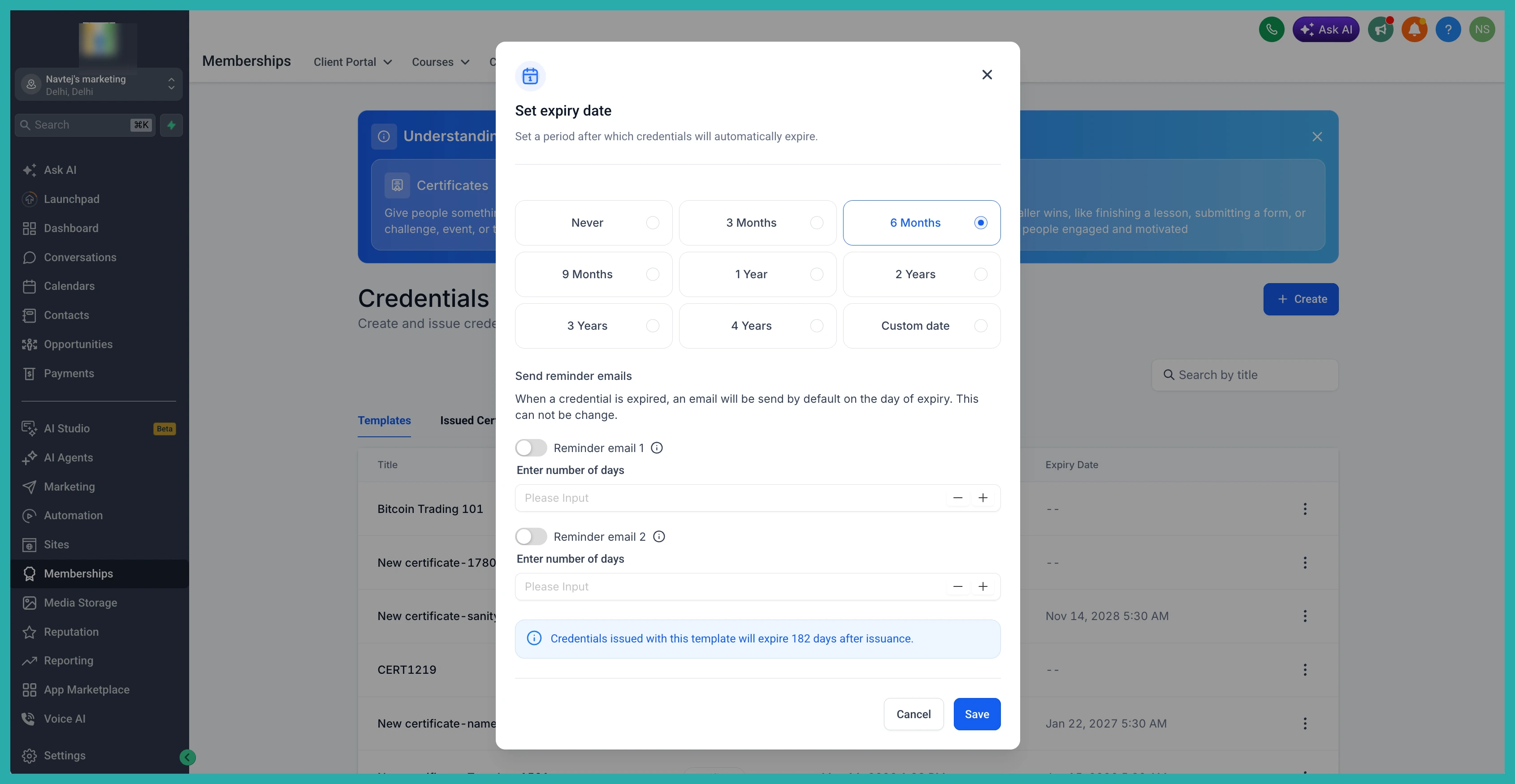 ESC Hub certificate template settings showing custom credential expiration options