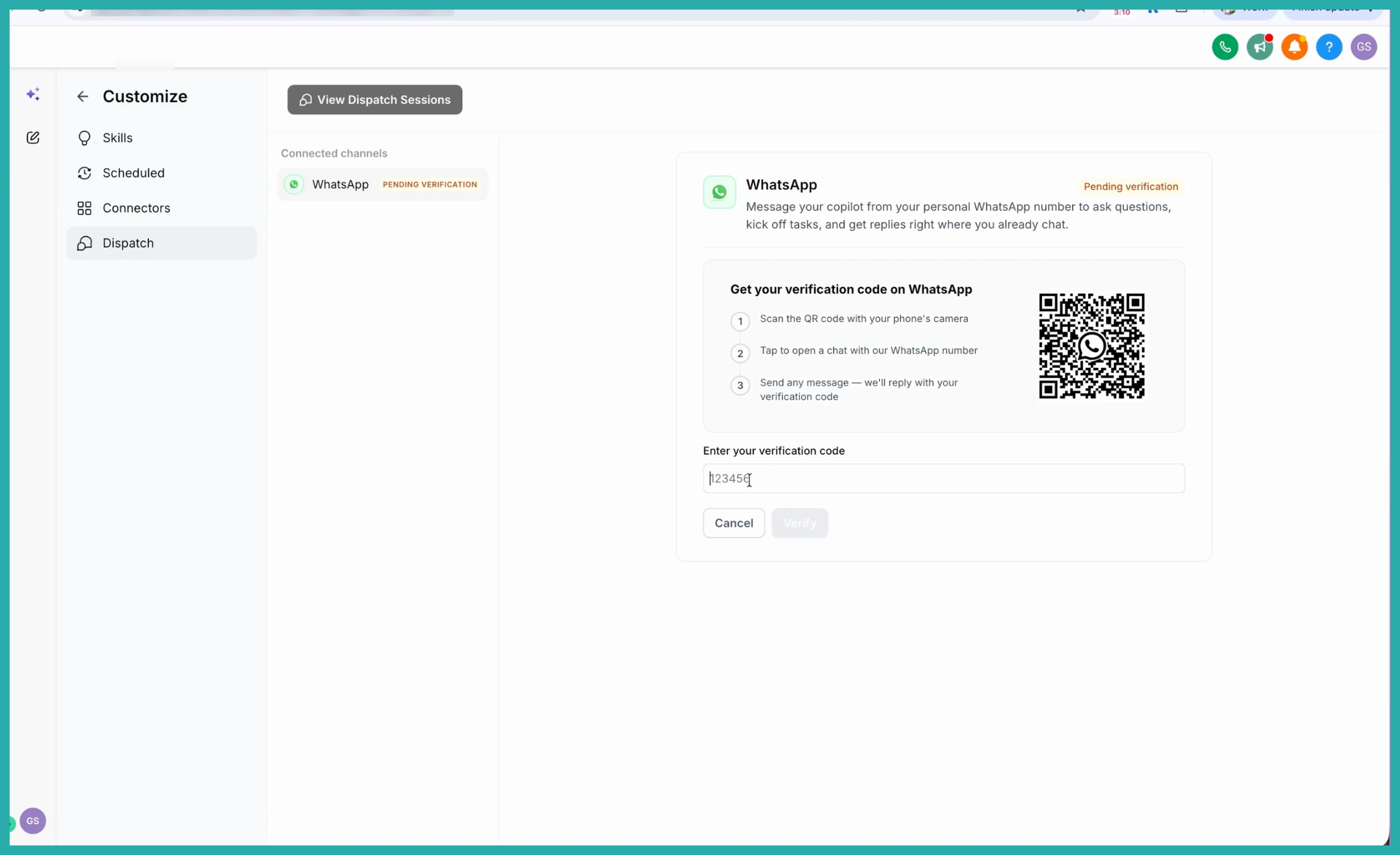 ESC Hub Dispatch tab showing the Connect WhatsApp option and QR code setup
