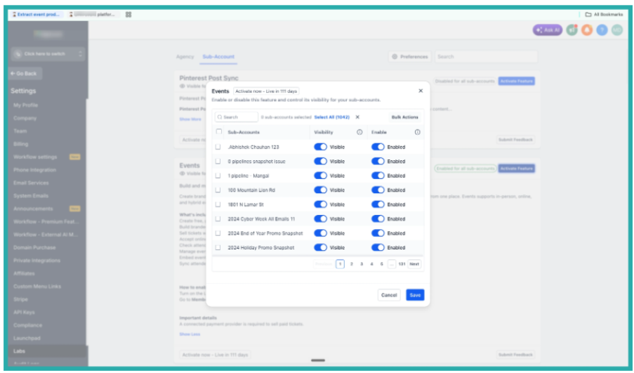 ESC Hub Events dashboard showing event creation, ticketing, and attendee check-in