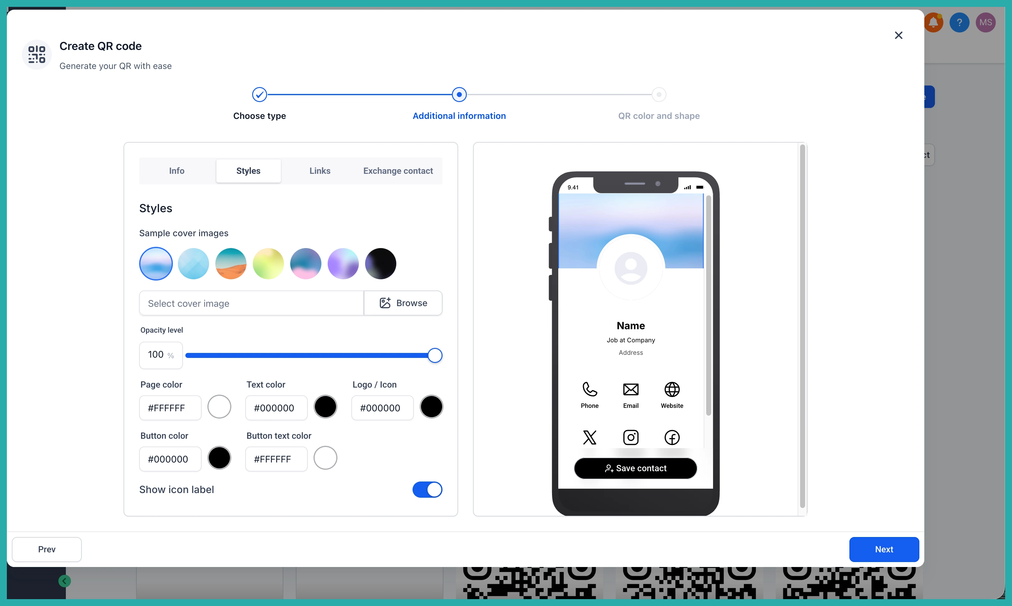 ESC Hub QR Code builder showing a redesigned digital business card with custom colours and links