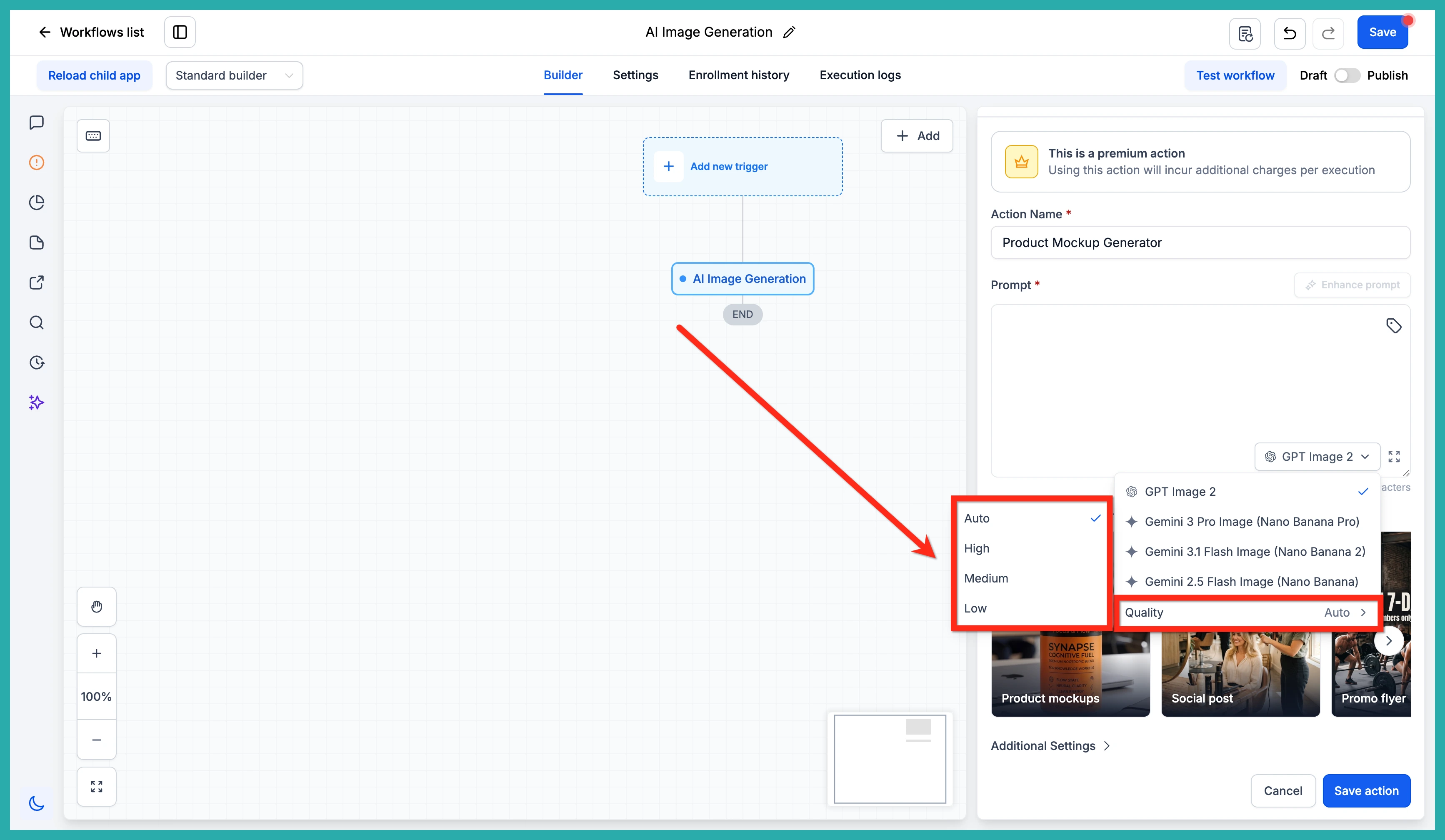 AI Image Generation action being set up inside an ESC Hub workflow