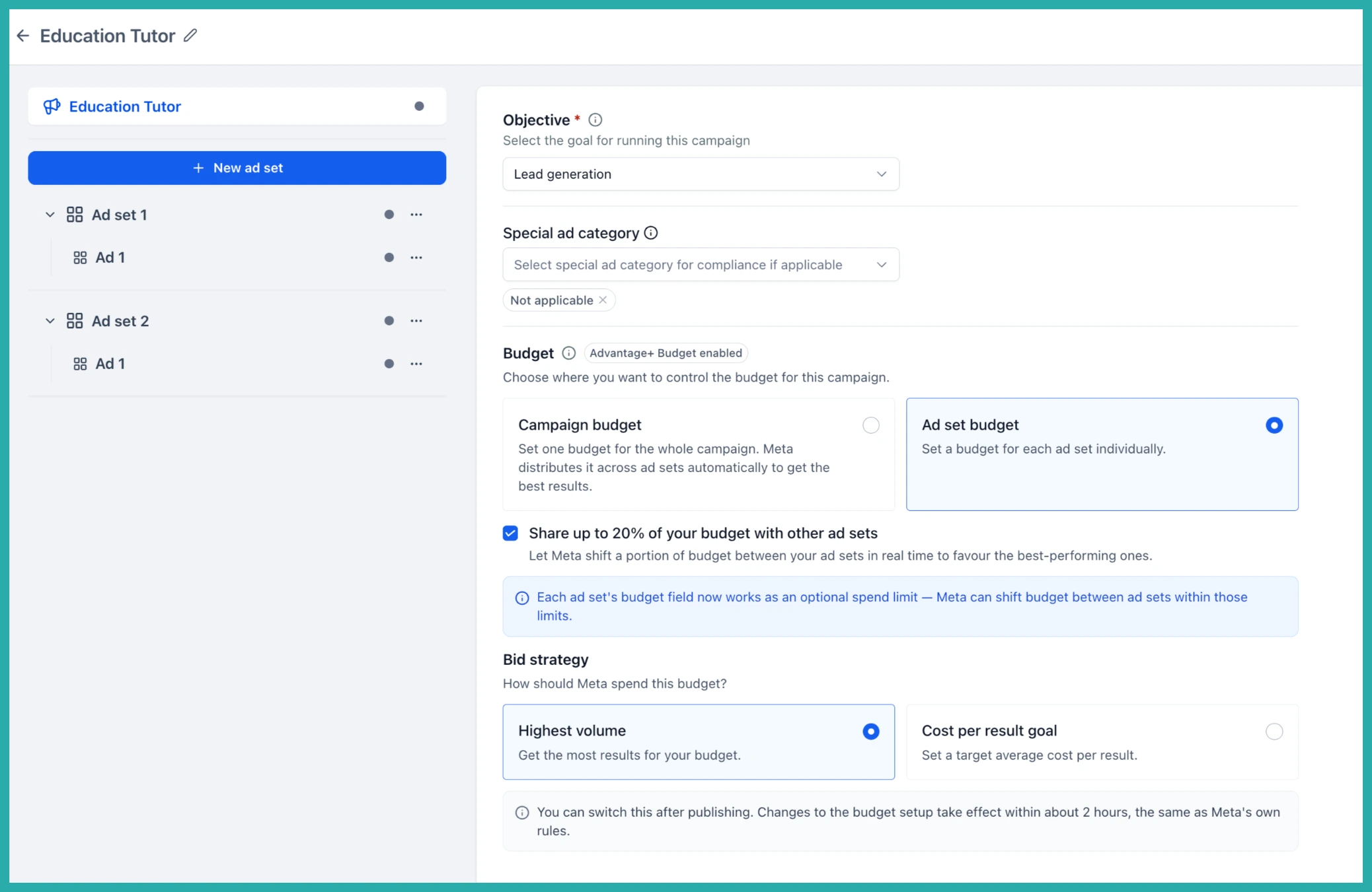 ESC Hub Ad Manager campaign builder showing Meta campaign and ad set budget options