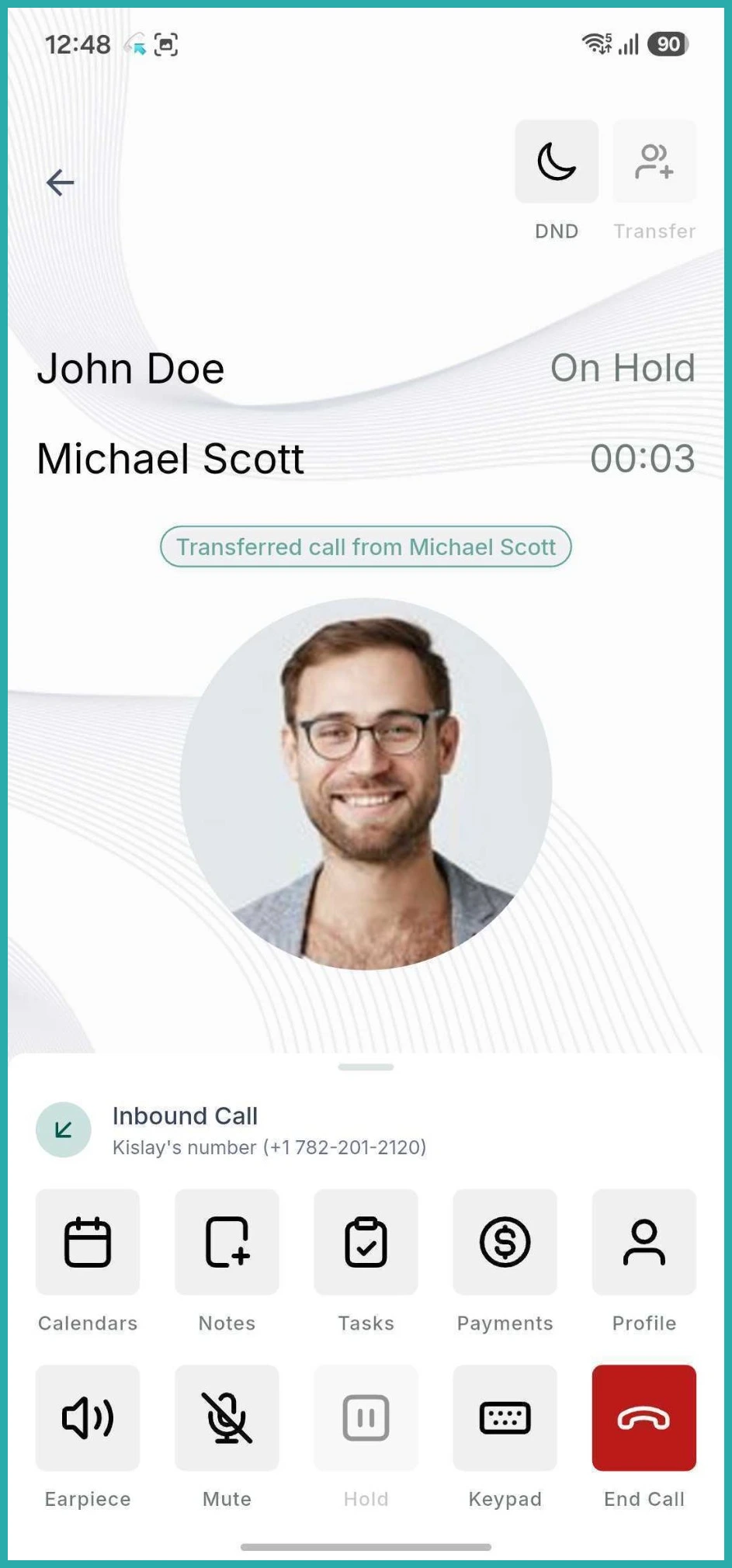 ESC Hub mobile app active call screen showing the transfer call icon and staff member list