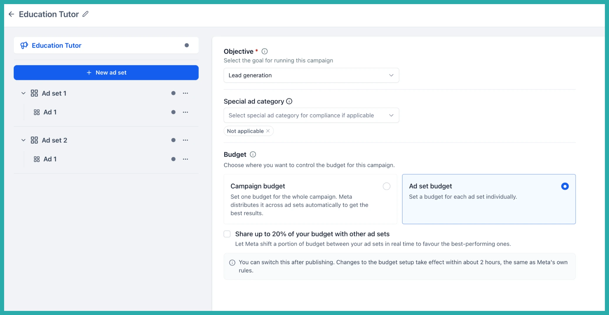 ESC Hub Ad Manager campaign builder showing Meta campaign and ad set budget options