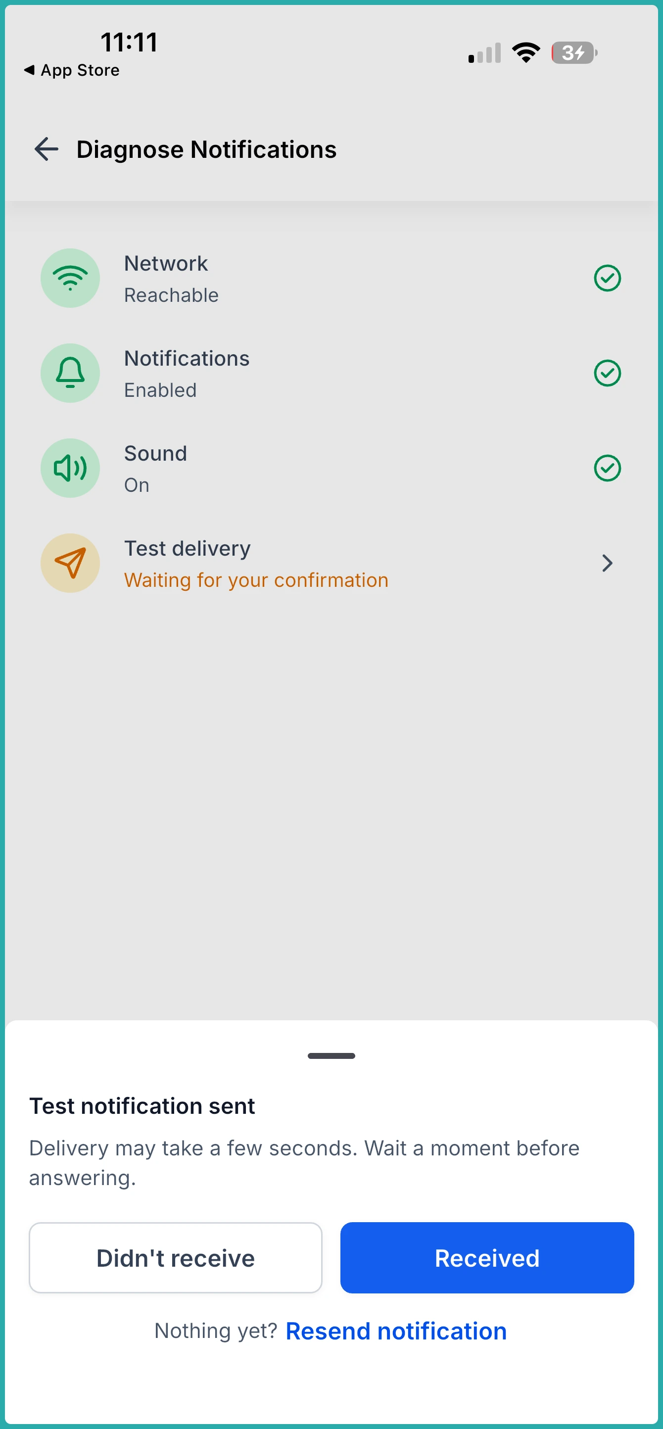 ESC Hub mobile app notification diagnosis screen showing four checks with pass or needs attention results