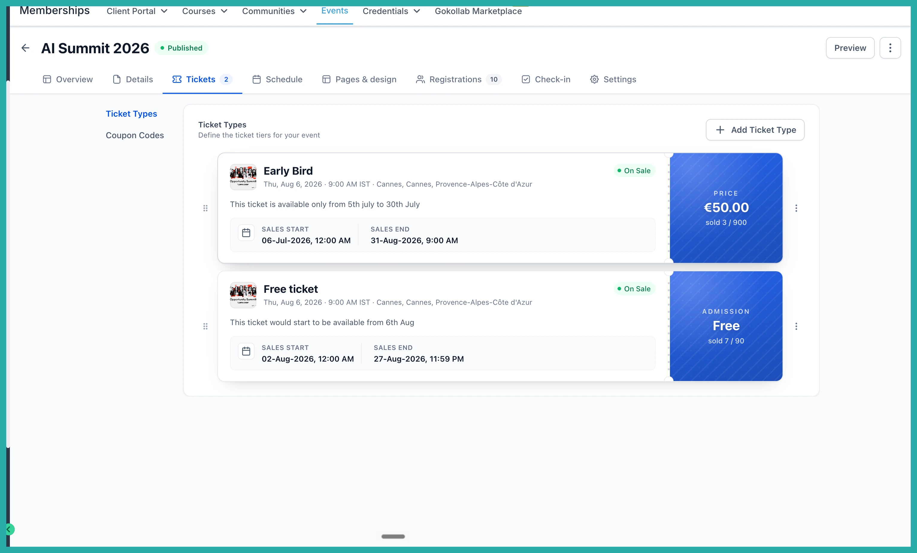 ESC Hub Events dashboard showing event creation, ticketing, and attendee check-in