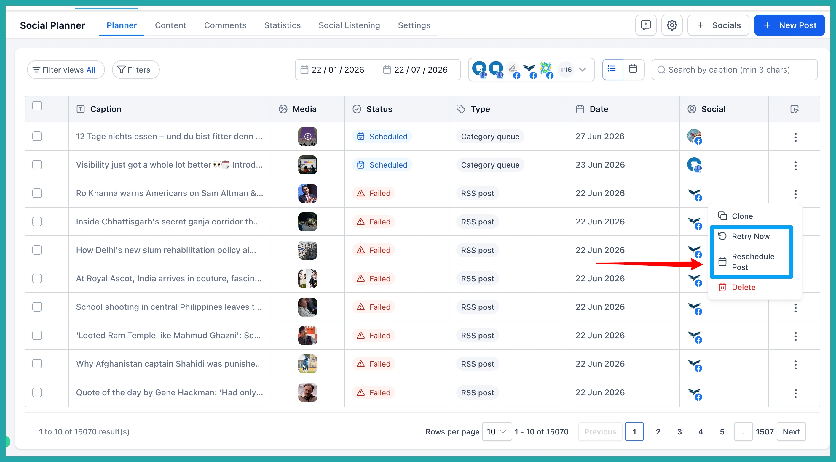 ESC Hub Social Planner failed-post menu showing Retry Now and Reschedule options