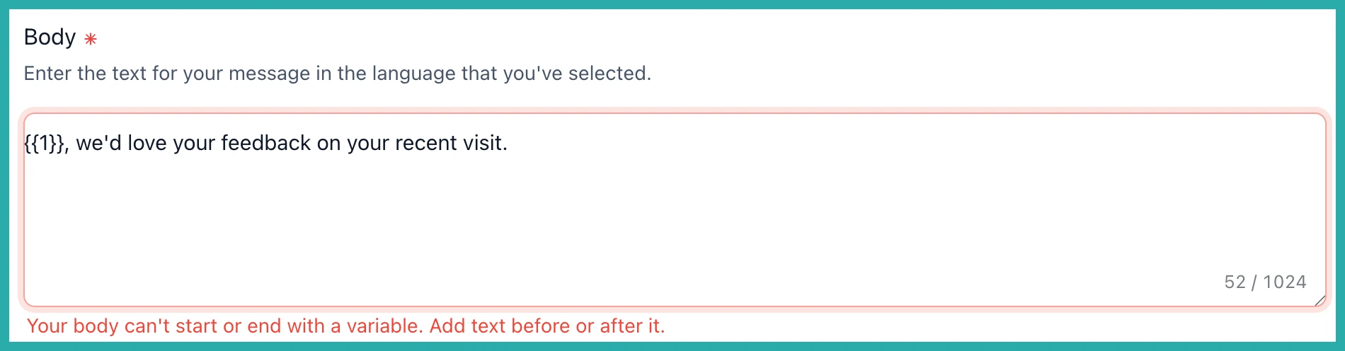 ESC Hub WhatsApp template builder showing inline variable validation flagging an invalid placeholder