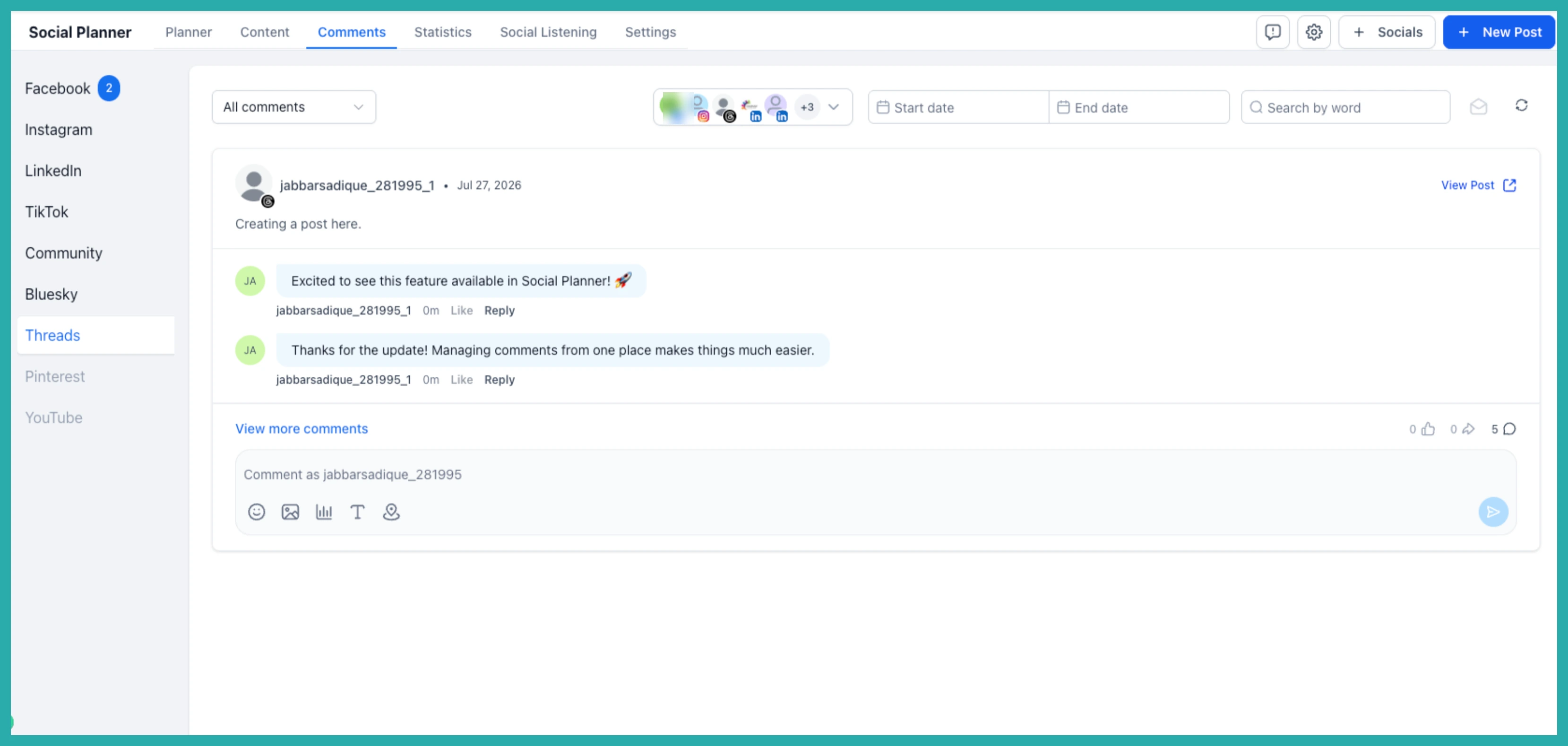 ESC Hub Social Planner Comment Management showing Threads comments in the unified inbox