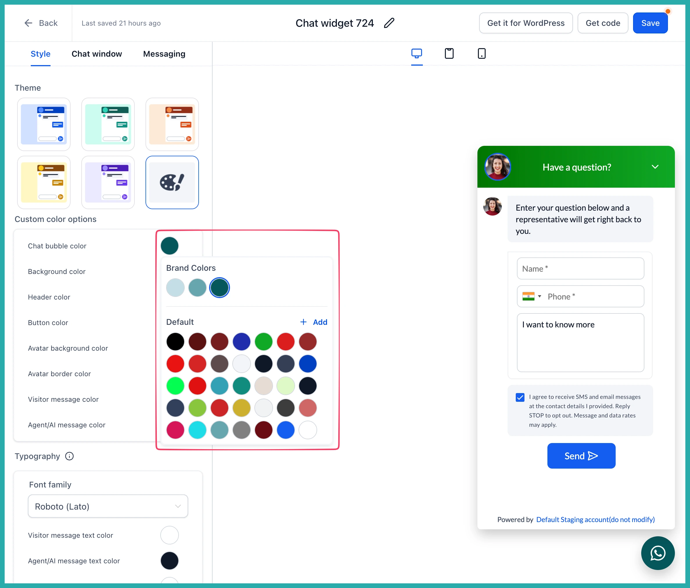 ESC Hub Chat Widget Styles panel showing Brand Colours and Default palette in the colour picker