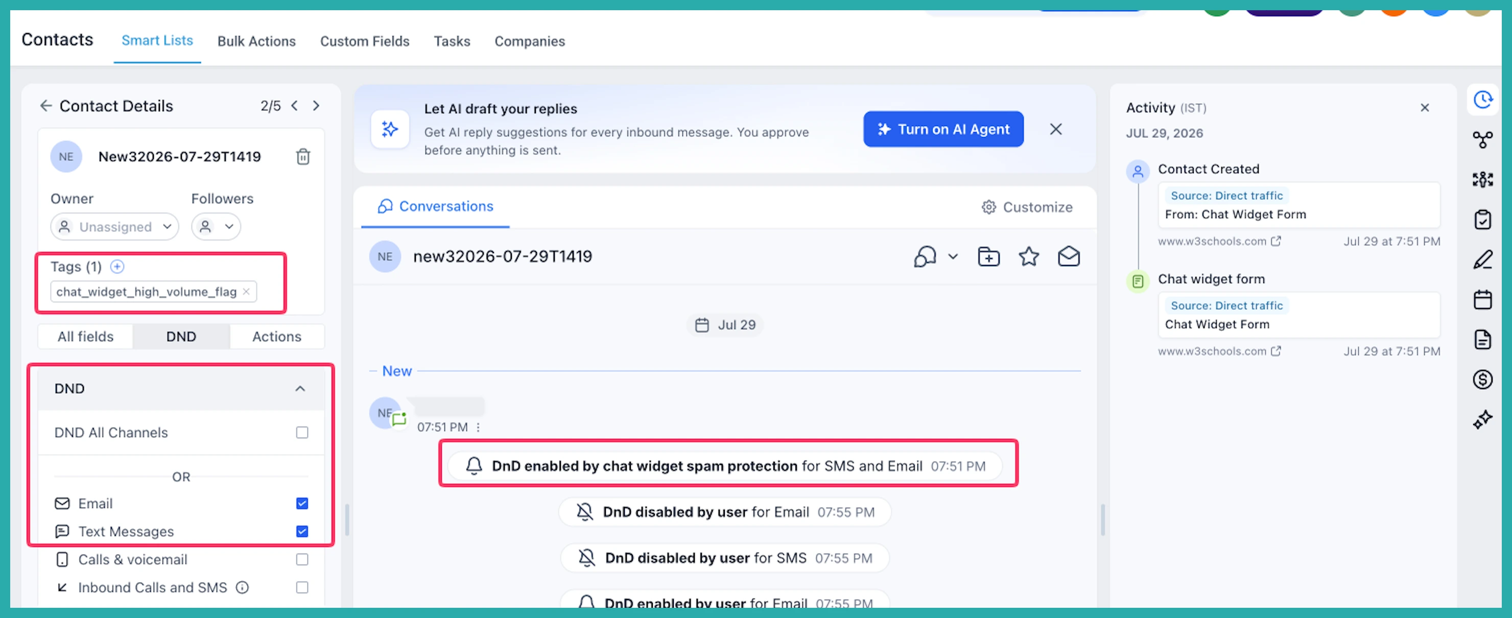 ESC Hub Chat Widget builder showing the Spam Protection settings with action options