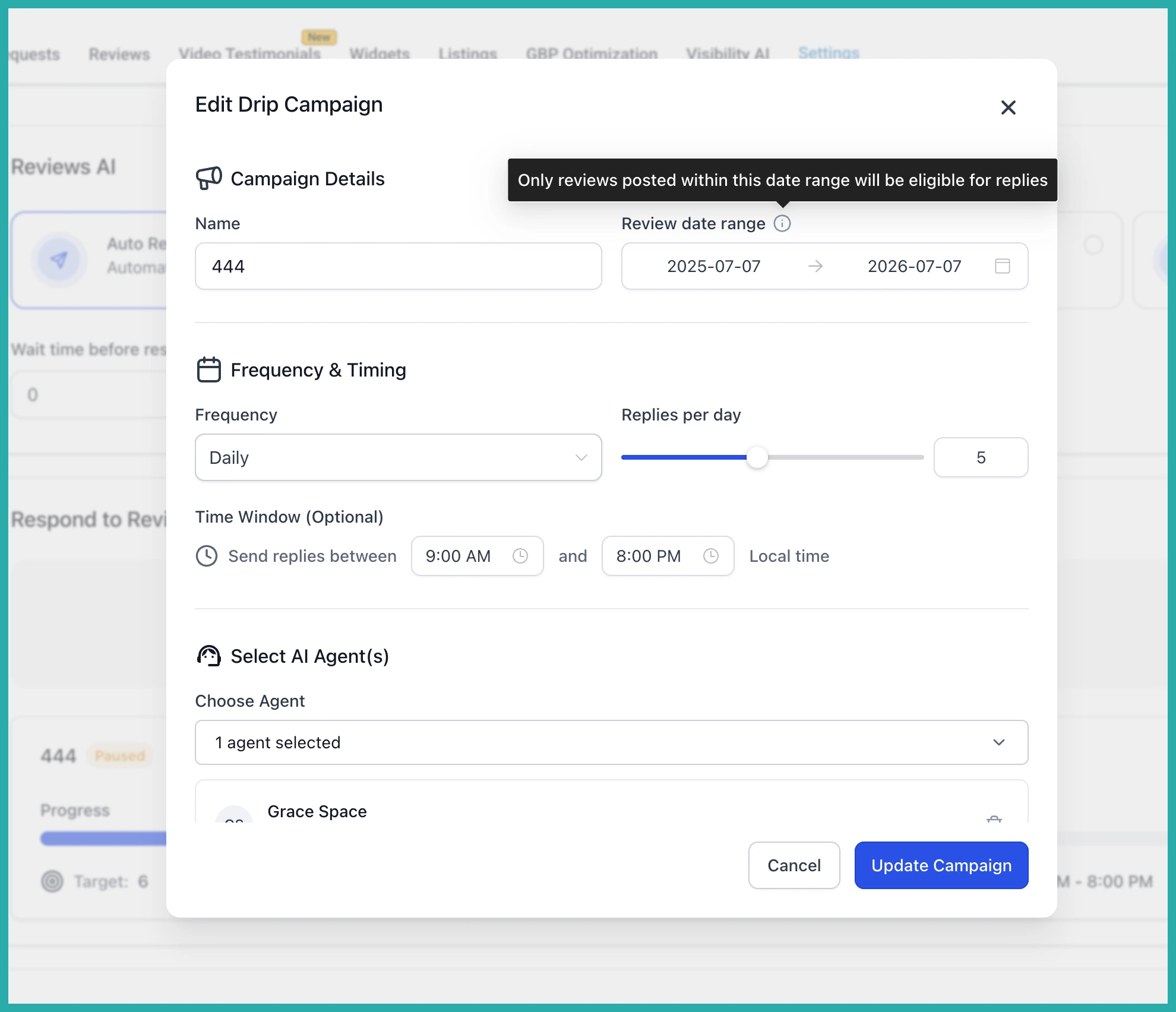 ESC Hub Reviews AI drip campaign setup showing a review date range and eligible review count