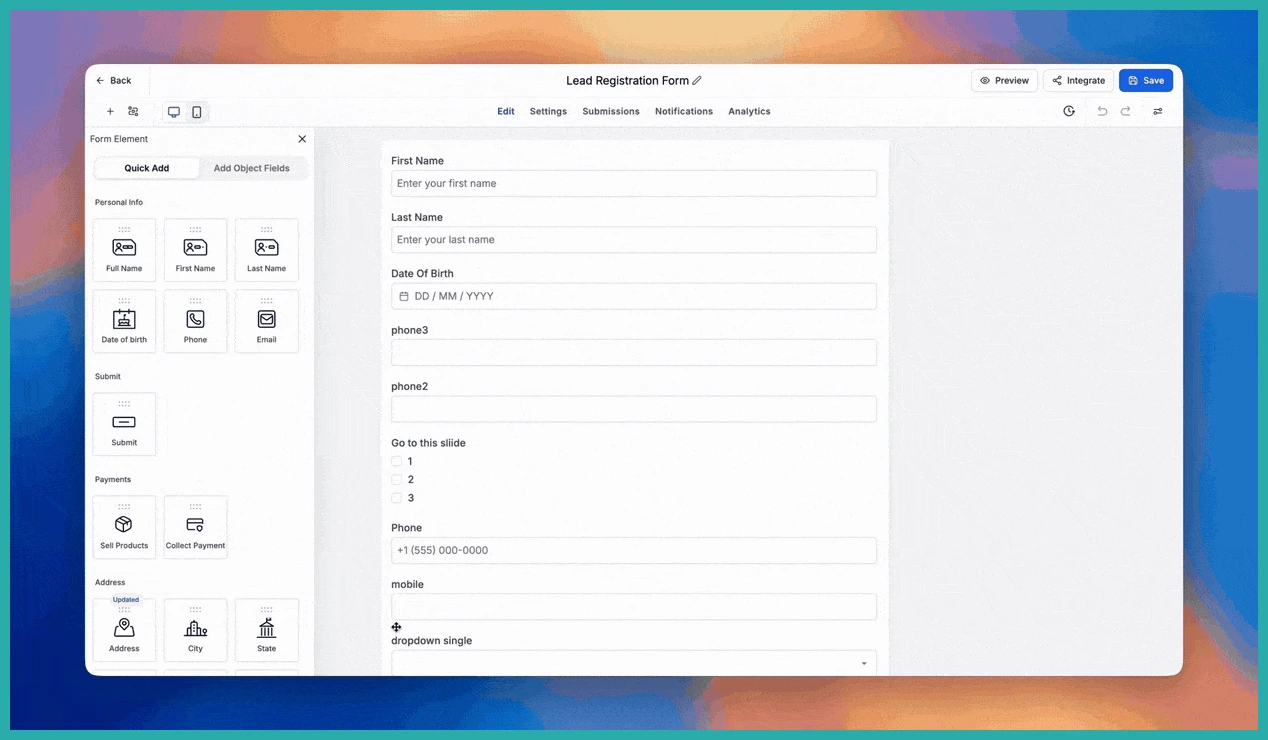 Redesigned Custom Fields sidebar in the ESC Hub form builder showing multi-select checkboxes and an Add fields button