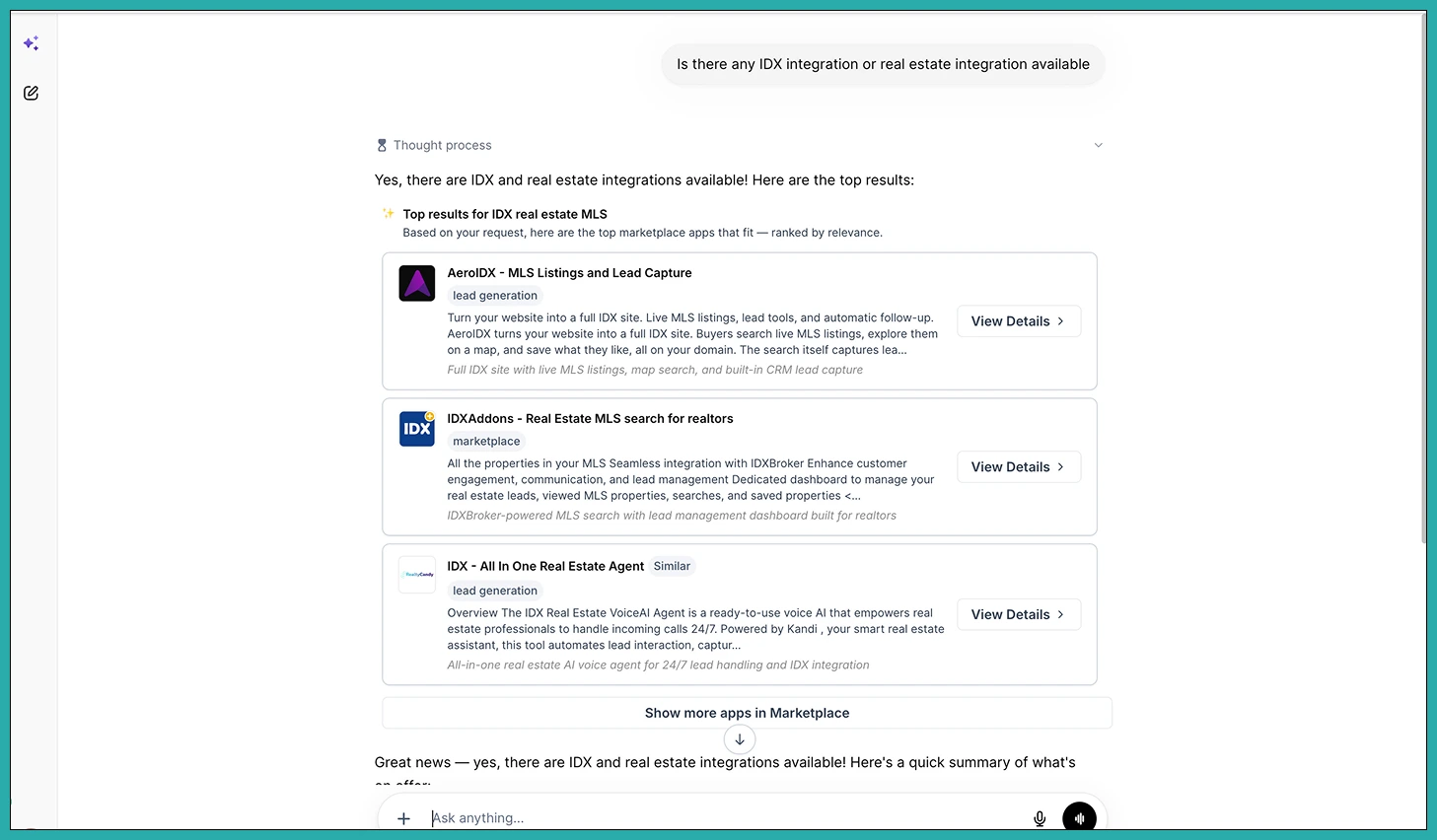 Ask AI recommending relevant Marketplace apps inside a conversation in ESC Hub