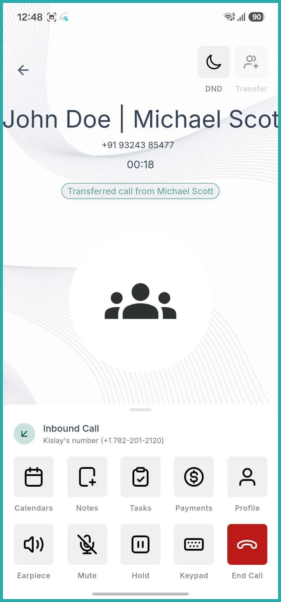 ESC Hub mobile app active call screen showing the transfer call icon and staff member list